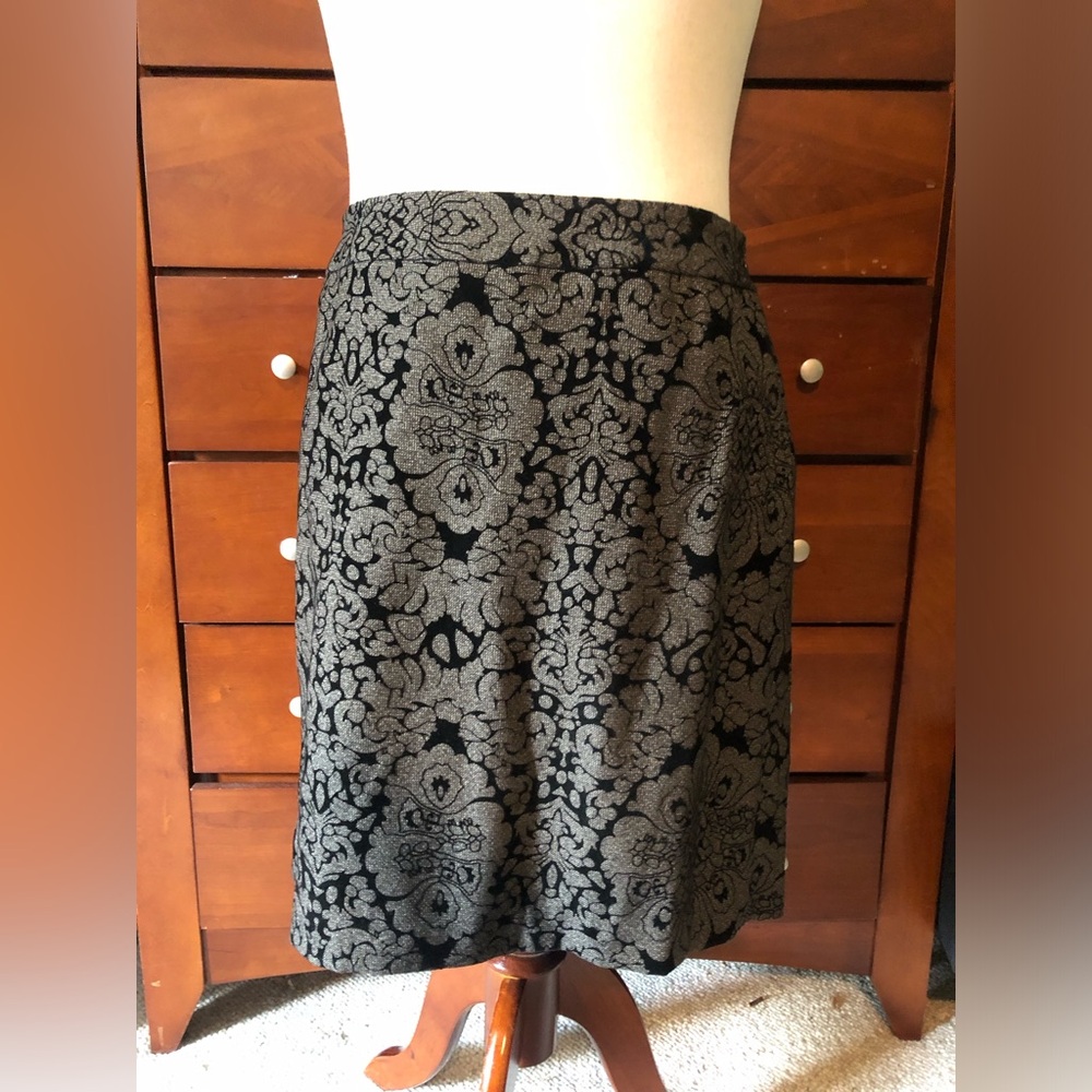 Evan Picone Black and Silver Brocade A-Line Skirt